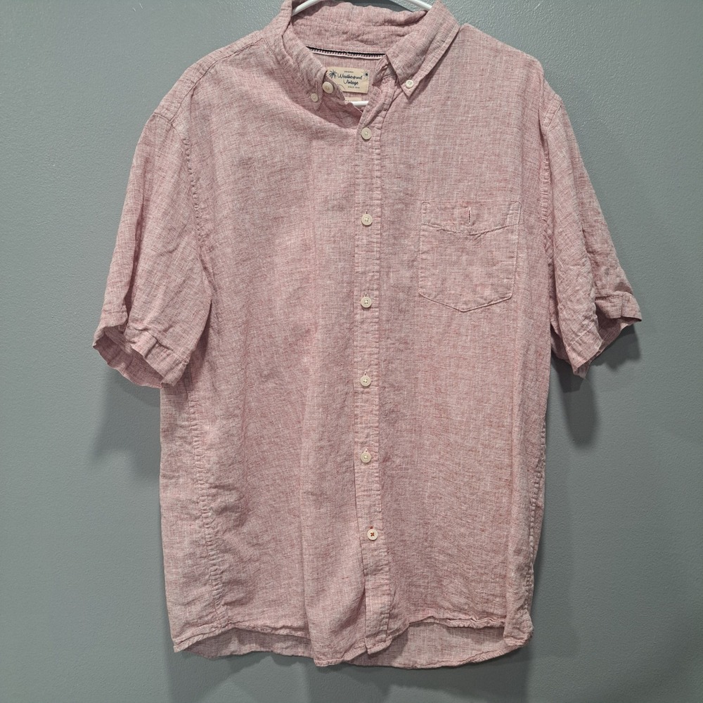 Weatherproof Vintage Mens XL Washable Linen Blend Button Down Shirt Red Pink